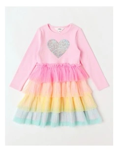 Long Sleeve Rib Top and Tulle Skirt with Sequin in Pink Heart