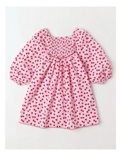 Shirred Bodice Dress in Hearts Pink and Red