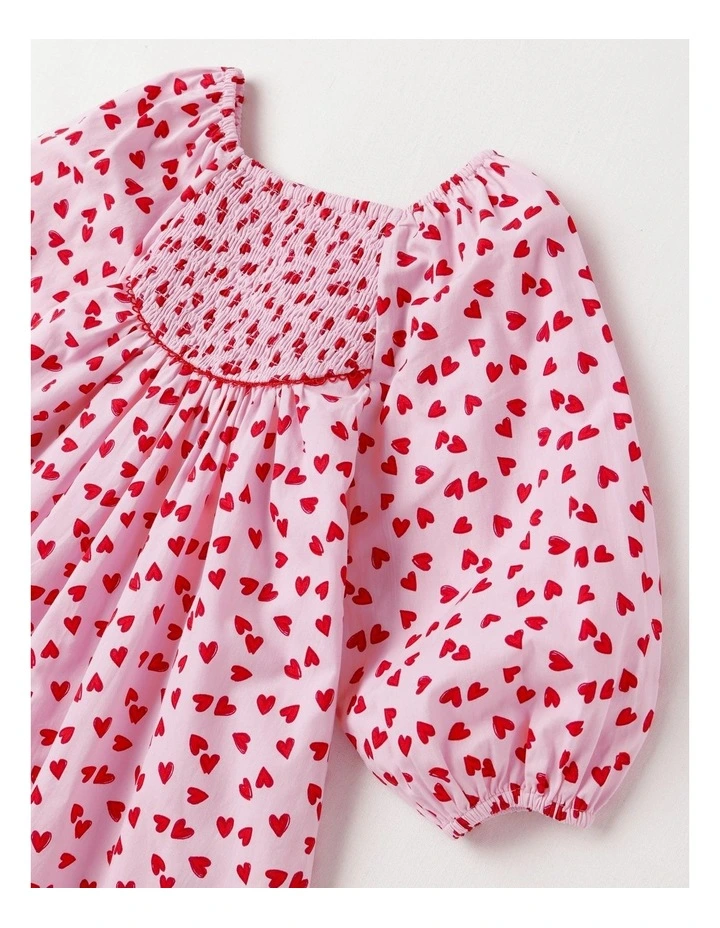 Shirred Bodice Dress in Hearts Pink and Red image 2