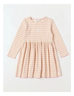 Long Sleeve Rib Dress with Daisy in Rainbow Stripe