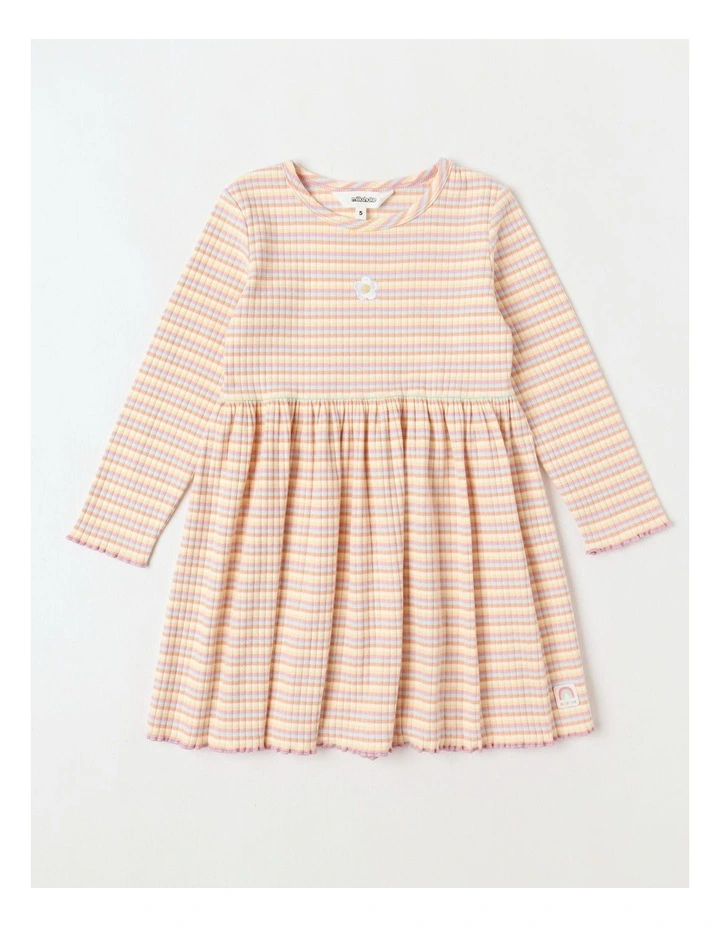 Long Sleeve Rib Dress with Daisy in Rainbow Stripe image 1