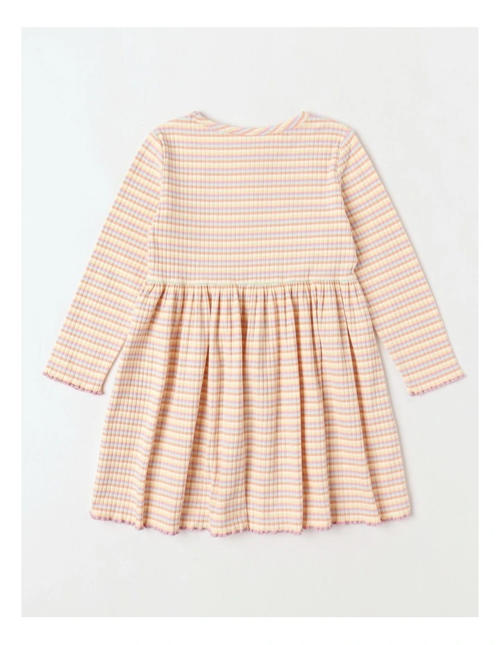 Long Sleeve Rib Dress with Daisy in Rainbow Stripe image 3