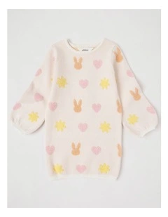 Long Sleeve Jacquard Knit Dress in Cream