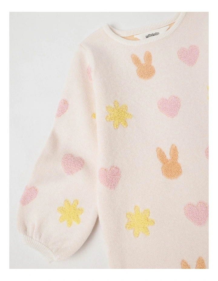 Long Sleeve Jacquard Knit Dress in Cream image 2