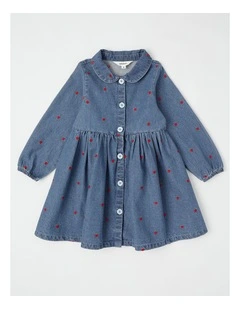 Long Sleeve Dress with Hearts in Mid Denim