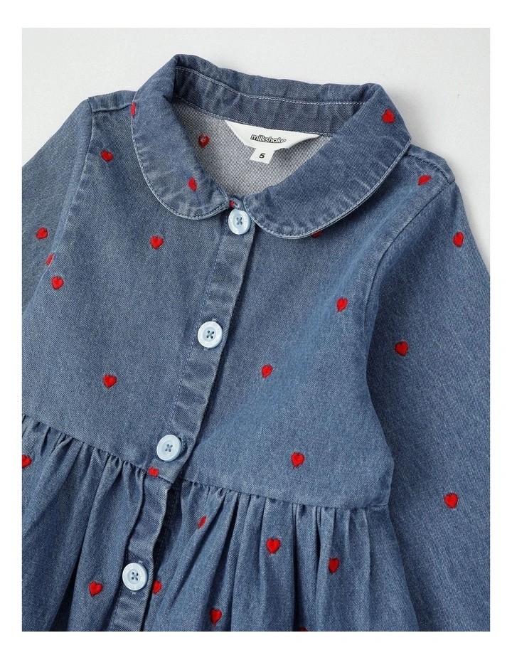 Long Sleeve Dress with Hearts in Mid Denim image 2