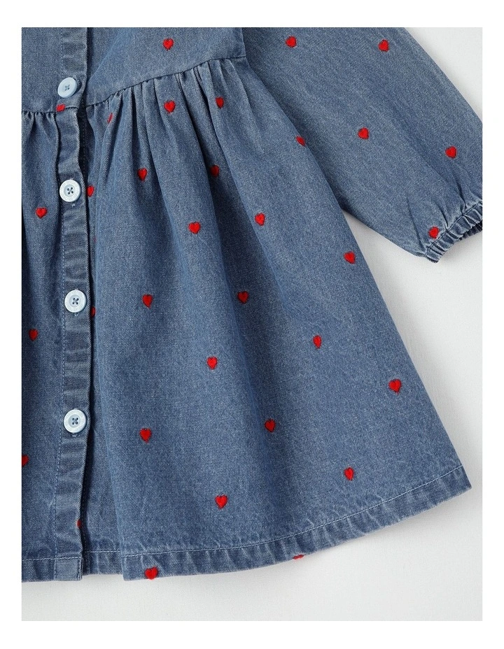 Long Sleeve Dress with Hearts in Mid Denim image 4