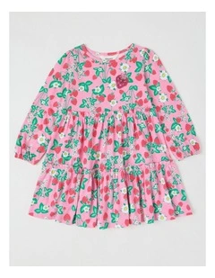 Long Sleeve Tiered Dress with Sequin Strawberries in Pink