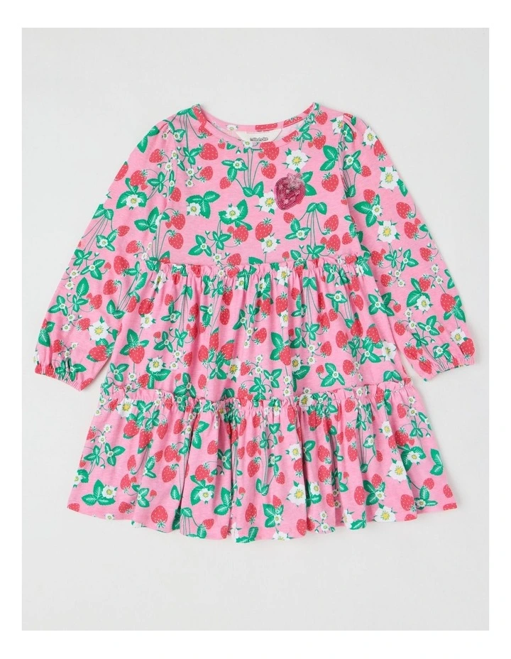 Long Sleeve Tiered Dress with Sequin Strawberries in Pink image 1
