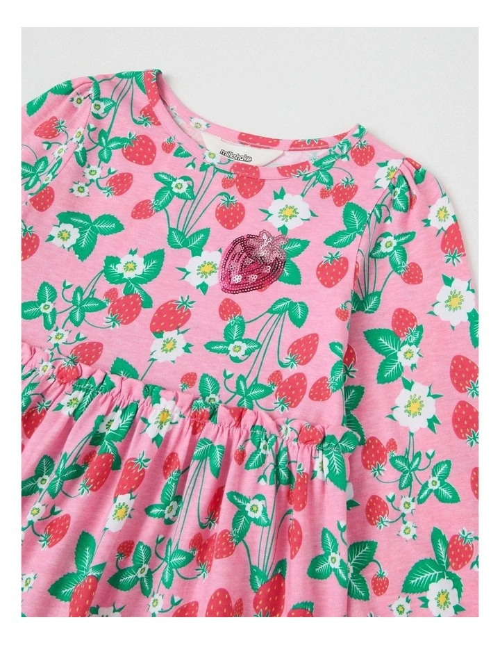 Long Sleeve Tiered Dress with Sequin Strawberries in Pink image 2