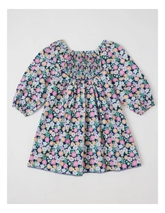 Woven Long Sleeve Shirred Dress in Floral Navy