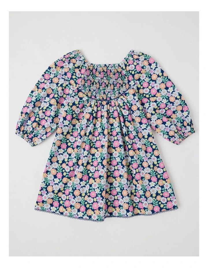 Woven Long Sleeve Shirred Dress in Floral Navy image 1