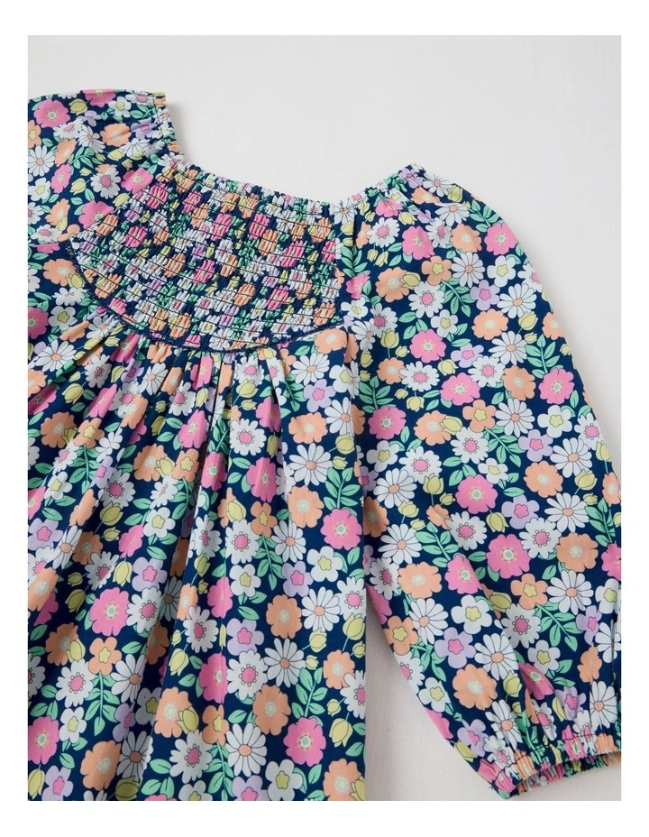 Woven Long Sleeve Shirred Dress in Floral Navy image 2