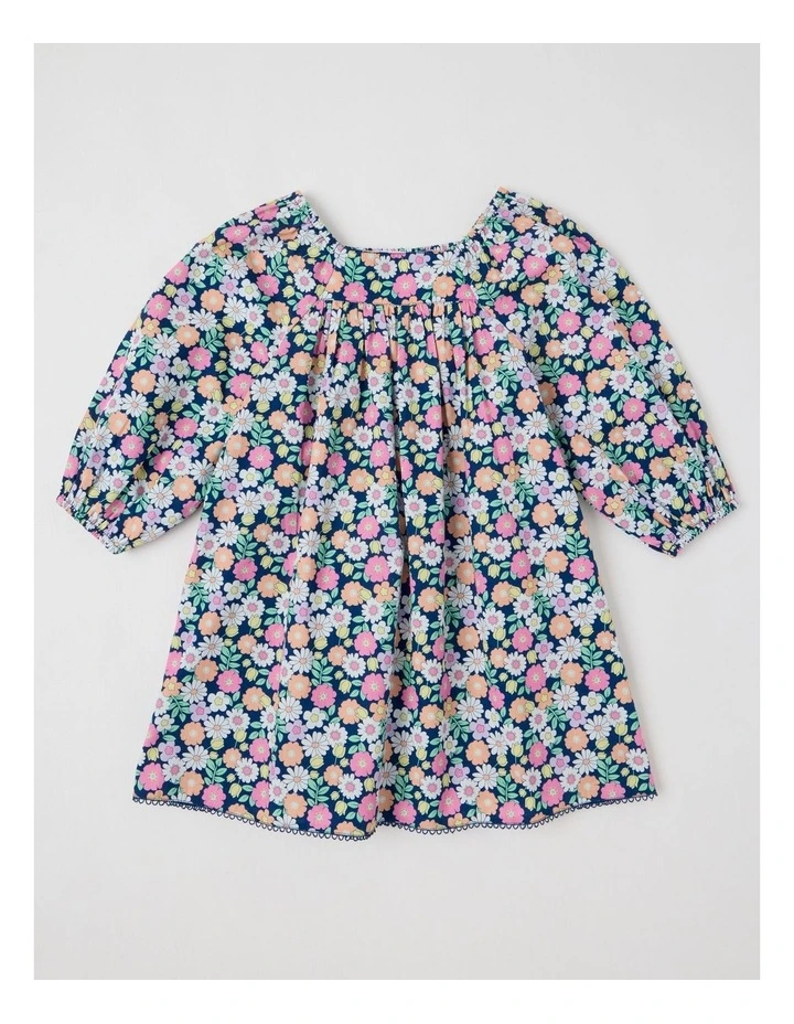 Woven Long Sleeve Shirred Dress in Floral Navy image 3