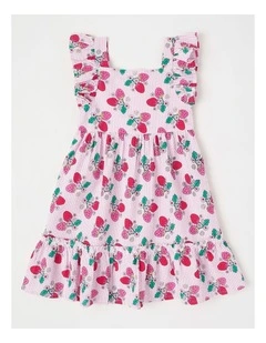 Flutter Sleeve Tiered Dress in Berry Vines/Pink Ticking Stripe