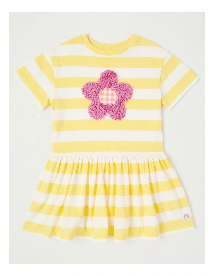 T-Shirt Dress with Flower Embroidery in Yellow Stripe image 1