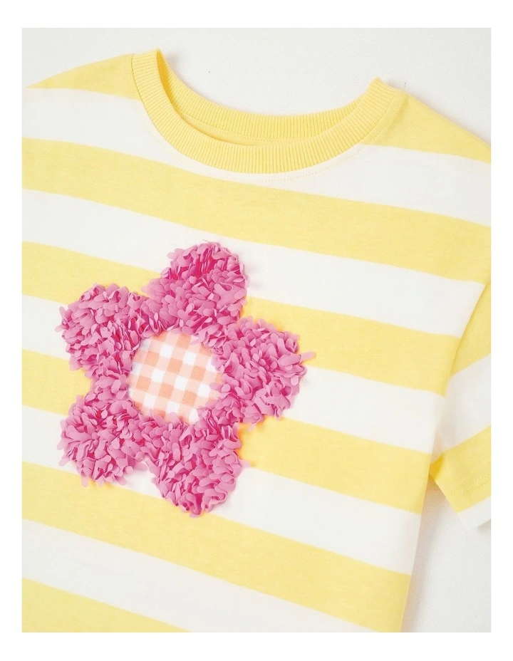 T-Shirt Dress with Flower Embroidery in Yellow Stripe image 2