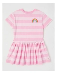 T-Shirt Dress with Rainbow Embroidery in Pink Stripe
