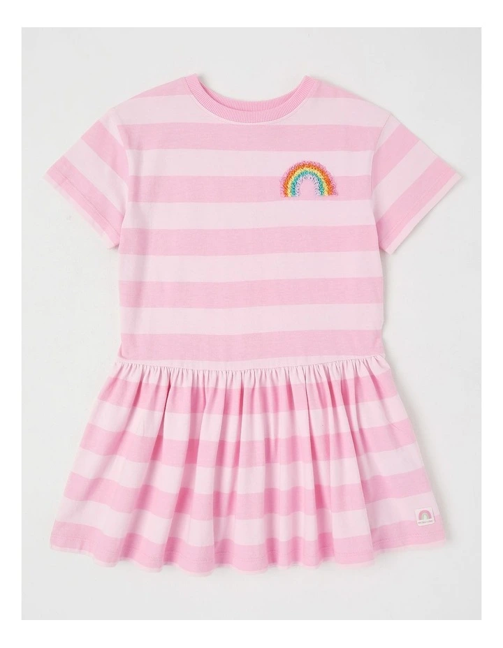 T-Shirt Dress with Rainbow Embroidery in Pink Stripe image 1