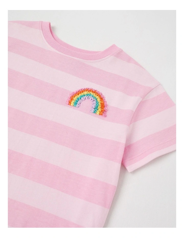 T-Shirt Dress with Rainbow Embroidery in Pink Stripe image 2