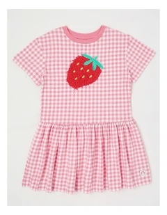 T-Shirt Dress with Strawberry Embroidery in Pink Gingham