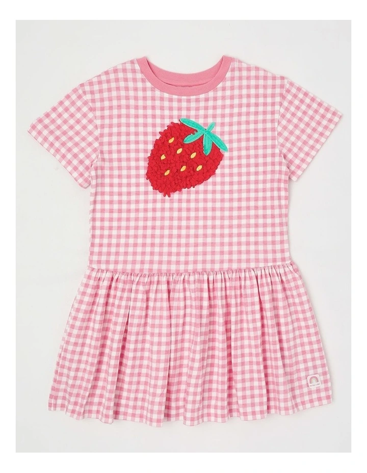 T-Shirt Dress with Strawberry Embroidery in Pink Gingham image 1