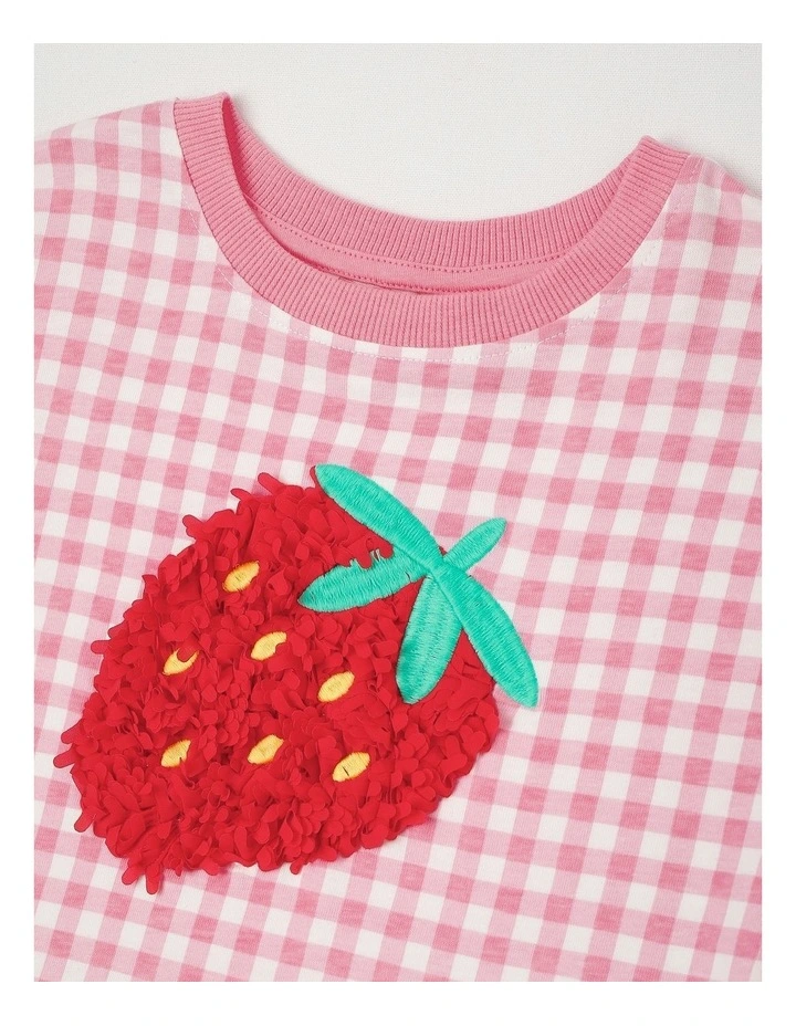 T-Shirt Dress with Strawberry Embroidery in Pink Gingham image 2