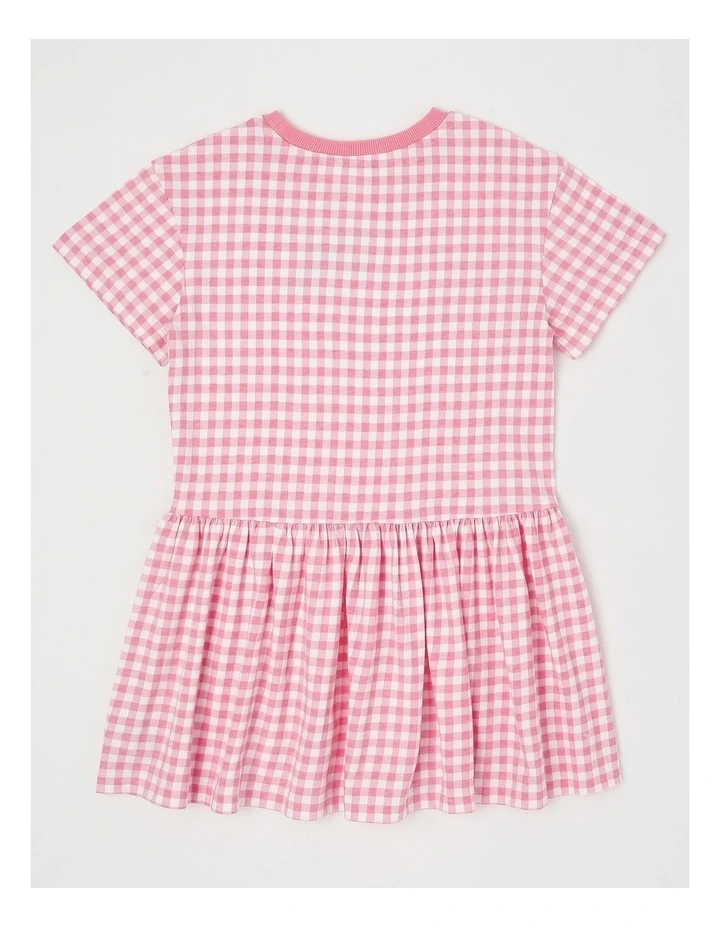 T-Shirt Dress with Strawberry Embroidery in Pink Gingham image 3