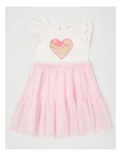 Frill Sleeve Dress with Sequin Applique & Tutu Skirt in Pink