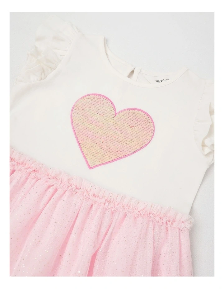 Frill Sleeve Dress with Sequin Applique & Tutu Skirt in Pink image 2