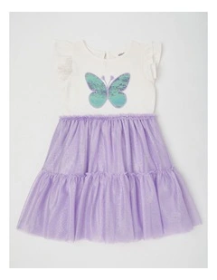 Frill Sleeve Dress with Sequin Applique & Tutu Skirt in Butterfly/Purple