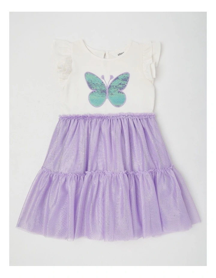 Frill Sleeve Dress with Sequin Applique & Tutu Skirt in Butterfly/Purple image 1
