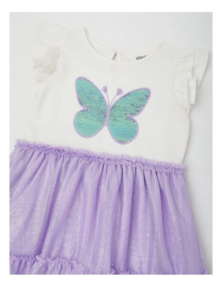 Frill Sleeve Dress with Sequin Applique & Tutu Skirt in Butterfly/Purple image 2