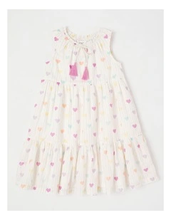 Lurex Tiered Dress with Ric Rac Trim in Rainbow Heart in White