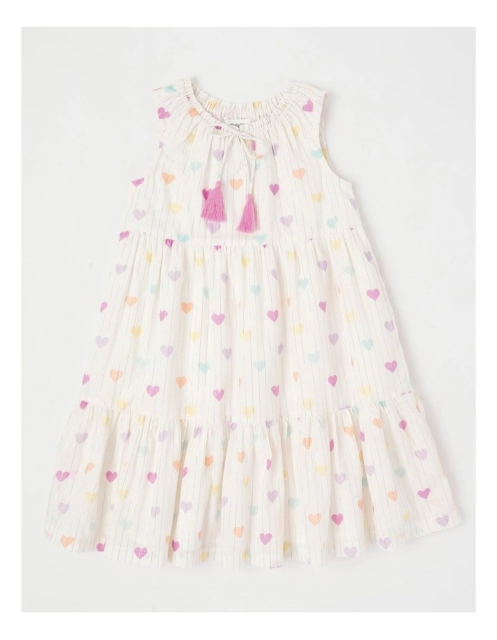 Lurex Tiered Dress with Ric Rac Trim in Rainbow Heart in White image 1