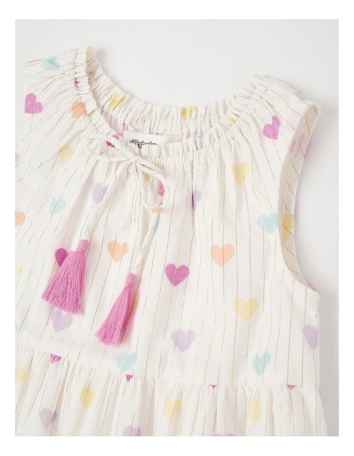 Lurex Tiered Dress with Ric Rac Trim in Rainbow Heart in White image 2