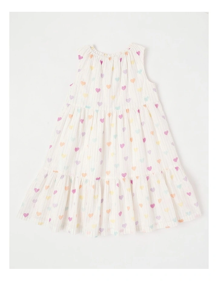 Lurex Tiered Dress with Ric Rac Trim in Rainbow Heart in White image 3