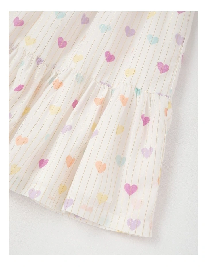 Lurex Tiered Dress with Ric Rac Trim in Rainbow Heart in White image 4