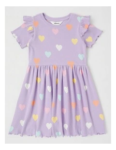 Short Sleeve Knit Frill Shoulder Kinder Dress in Purple