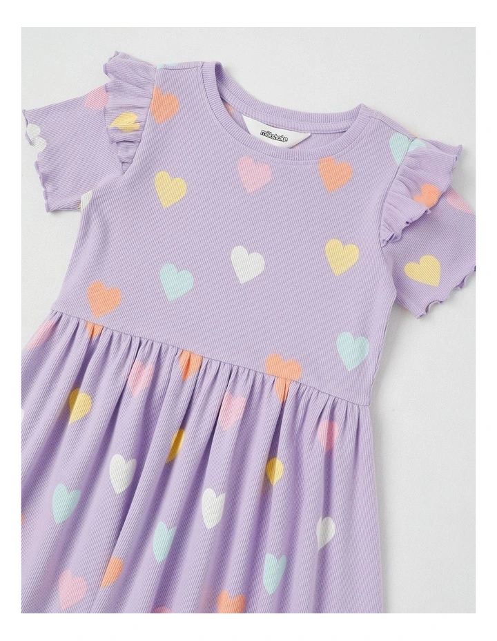 Short Sleeve Knit Frill Shoulder Kinder Dress in Purple image 2