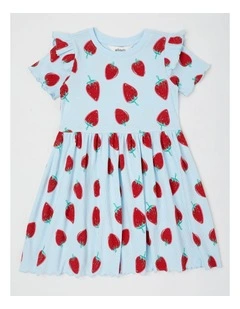 Short Sleeve Knit Frill Shoulder Kinder Dress in Strawberry Light Blue