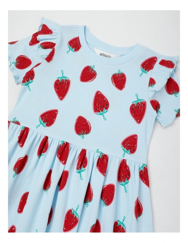 Short Sleeve Knit Frill Shoulder Kinder Dress in Strawberry Light Blue image 2