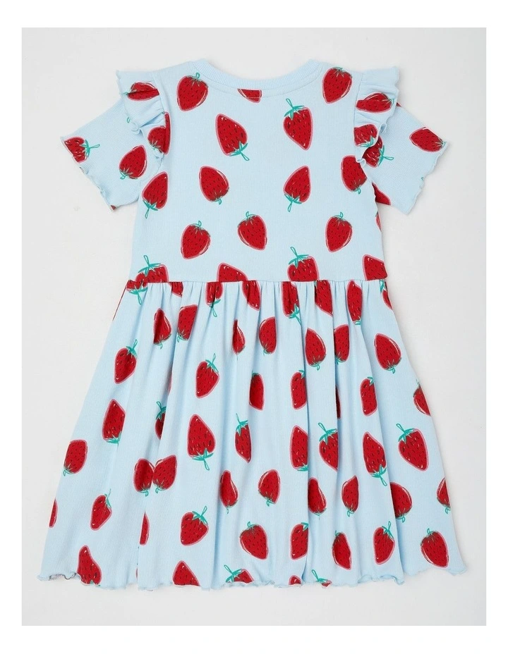 Short Sleeve Knit Frill Shoulder Kinder Dress in Strawberry Light Blue image 3