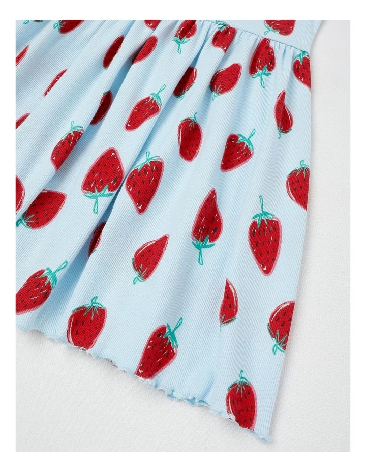 Short Sleeve Knit Frill Shoulder Kinder Dress in Strawberry Light Blue image 4