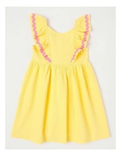 Sleeveless Frill Sleeve Smock Dress With Ric Rac Trim in Yellow Stripe