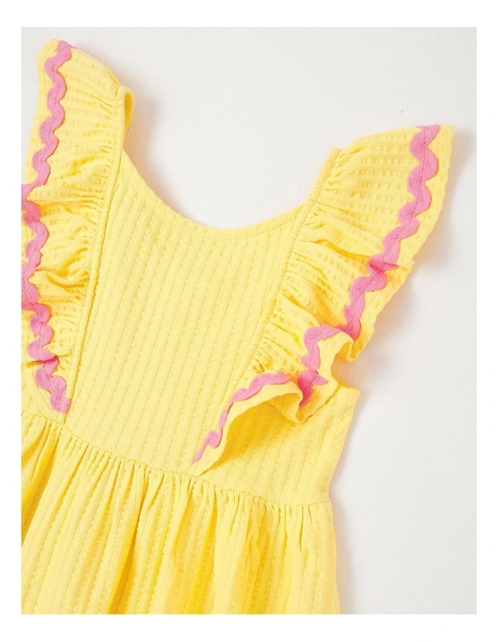Sleeveless Frill Sleeve Smock Dress With Ric Rac Trim in Yellow Stripe image 2