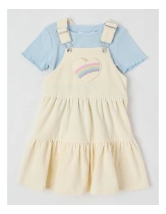 Short Sleeve Cord Tiered Pinafore Dress & Tee in Cream/Rainbow