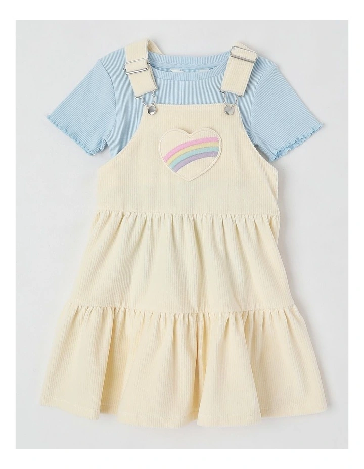 Short Sleeve Cord Tiered Pinafore Dress & Tee in Cream/Rainbow image 1