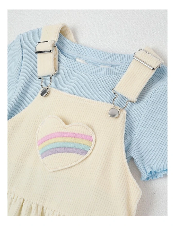 Short Sleeve Cord Tiered Pinafore Dress & Tee in Cream/Rainbow image 2