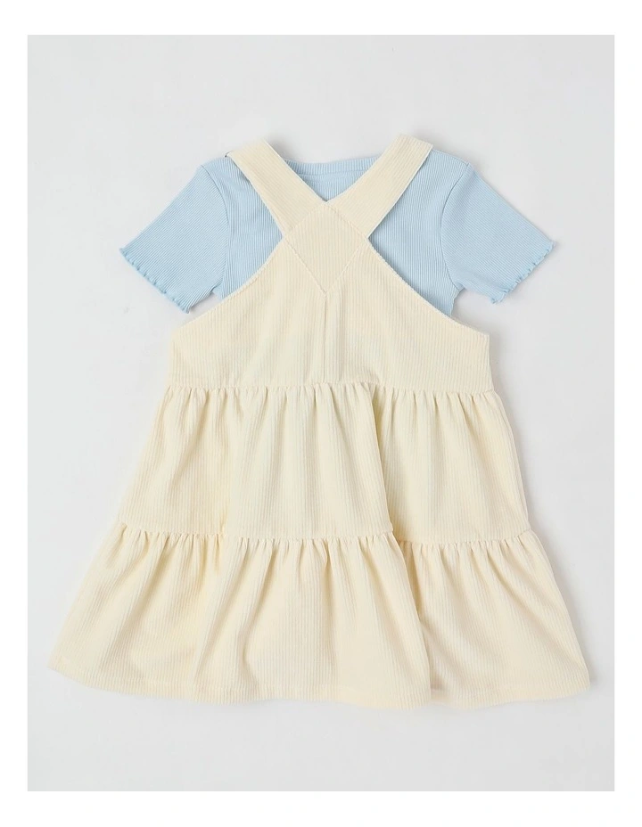 Short Sleeve Cord Tiered Pinafore Dress & Tee in Cream/Rainbow image 3